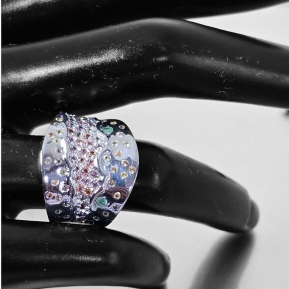 925 Sterling Silver Ring Siz 7.5 with Natural Sapphire & Emerald Gems - Picture 2 of 11